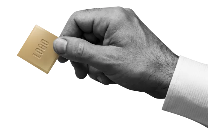 A hand holding a logo